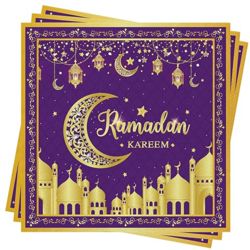 Ramadan Servietten, 40 Stück Eid Mubarak Ramadan Papierservietten Lila Gold Stern Mond Eid Tisch Servietten Dekoration 33x33 cm