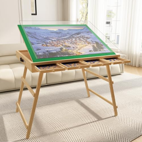 upvercy 3-in-1 Folding & Tilting & High Puzzle Board with 4 Drawers, 1500 Pieces 27.7 H Tall Puzzle Table with Protective Cover for Adults- 34 x 26 Wooden Puzzle Table with Legs