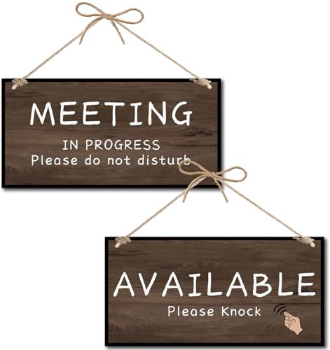 CREATCABIN Meeting Available Sign Meeting In Progress Door Sign Available Please Knock Office Door Sign Wooden Hanging Wood Plaque with Jute Twine Wall Art Decor for Office Decoration Hanger 12x6Inch