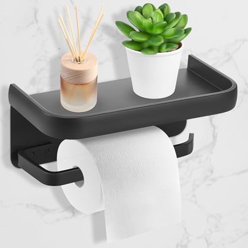 Starvortex Toilet Roll Holder with Shelf, Aluminium Self Adhesive Toilet Roll Holder, Toilet Paper Holder with 2 Mounting Options, Multifunctional Bathroom Accessory With No-Nail Adhesive, Screw Set