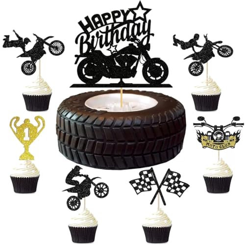 SANYUANHE 25 Pcs Motorrad Cupcake Dekorationen，Happy birthday,Geburtstags Dekoration Cake Toppers,Motorrad Kuchen Topper Tortendeko Motorrad für Motorrad Deko.