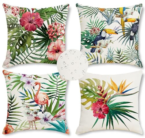Outdoor Kissen Dekorativ Kissenbezug 40x40 cm 4 Stück Grün Kissenbezüge Blatt Outdoor Kissen Wasserdicht Leinen Quadrat Sofakissen Dekokissen für Garten Terrasse Bank Stuhl Outdoor Heimdekoration