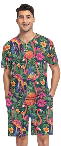 GAIREG Ensemble de pyjama à manches courtes pour homme, motif flamants roses, feuilles tropicales, vêtements de nuit, taille S, Feuilles tropicales de flamants roses colorés, M