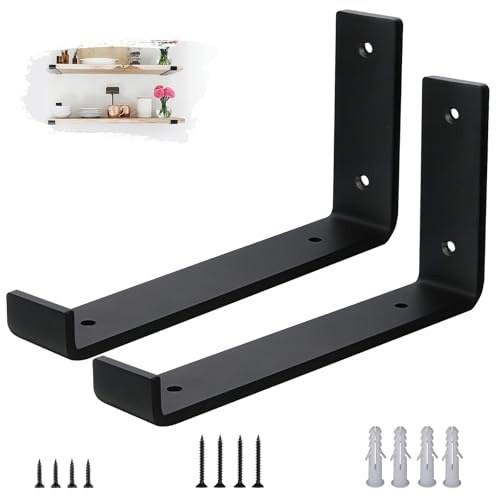 VTOPVMAX Scaffold Board Shelf Brackets 2 Pack - 5mm Thick Steel Heavy Duty Shelf Supports with Lips for 9 x 4 Inch (22.5cm x 10cm), Industrial Rustic Black Wall Shelf Brackets Kit