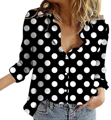 Blusas para mujer con botones, cuello en V, abotonadas, clásicas con lunares, camisetas de manga larga casuales, tops para damas, Negro, XL