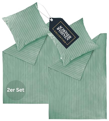 Schöner Wohnen Set Biancheria da Letto in Flanella 135x200 Cotone Verde - Set Biancheria da Letto Lussuoso Morbido Caldo e Soffice 4 Pezzi Eco - 2 Copripiumini e 2 Federe 80x80cm - Autunno & Inverno