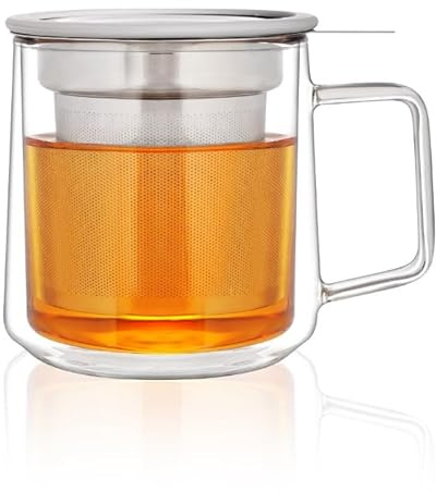 CNGLASS Doppelwandige Glasbecher mit Edelstahlsieb und Deckel, 350ml Borosilikat-Glas-Teetasse, Teeinfasser-Tasse für losen Tee, Teebeutel, 1 Stück
