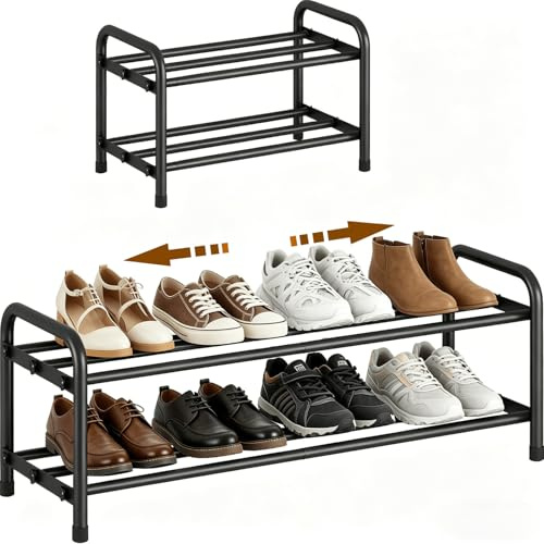 YUWHFEI Schuhregal Platzsparend, 2 Ebenen Shoe Rack Metall, Ausziehbar Schuhablage 45 to 80cm, Klein Schuhständer Schwarz, Schmales Schuh Regal für Outdoor, Flur, Garderobe, Eingangsbereich