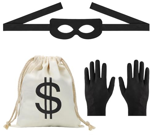 JKITNHJOT Panzerknacker Kostüm Accessoire Set mit Geldsack, Augenmaske & Handschuhen, Räuber/Einbrecher/Piraten Outfit für Karneval, Halloween & Cosplay