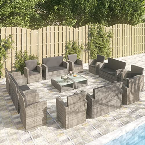 JHQHSM 16-TLG. Garten-Lounge-Set mit Kissen aus Poly-Rattan in Grau, Stabiles Möbelset mit Glasplatte und gepolsterten Auflagen für Terrasse, Gartenmöbel Loungebereich