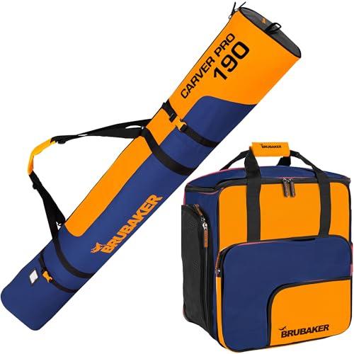 BRUBAKER Skitaschen Kombi Set Carver Pro - Skischuhtasche und Skisack für 1 Paar Ski, Stöcke, Schuhe und Helm - Gepolstert, Reißfest & Robust - Rucksack Taschen Set für Skifahrer - Blau & Orange