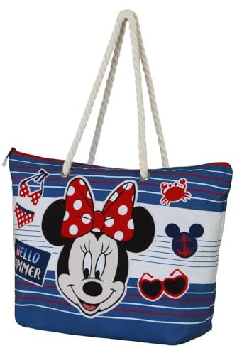 Borsa Mare Minnie Mouse Disney Capiente 52x37x17 cm con Chiusura Zip e Tasca Interna Shopper Estiva in Poliestere Resistente con Manici in Corda Ideale per Spiaggia Piscina e Vacanze