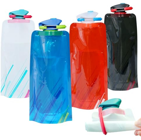 4er Faltbare Trinkflasche 700ml, Wasserflasche Faltbar Festival Wiederverwendbare Trinkbeutel Faltflasche mit Karabiner,Foldable Water Bottle für Rucksack Wandern Abenteuer Reisen Festival Zubehör