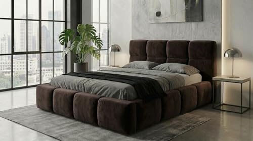 A&J MöbelLand Polsterbett VELUNO mit Matratze H4 120x200 mit Bettkasten und Lattenrost – Dunkelbraun