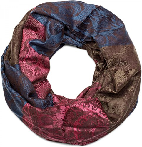 styleBREAKER Écharpe tube snood avec motif à fleurs, hibiscus et Paisley, matière douce et chaude, foulard, femmes 01018058, couleur:Bleu-Marron-Rose