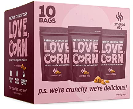 LOVE CORN BBQ Crunchy Corn Snack 45g x 10 Bags – Healthy Snacks Ideal for Gluten Free & Vegan Diets – Low Sugar Alternative for Crisps, Mixed Nuts & Pretzels – Perfect To Graze On