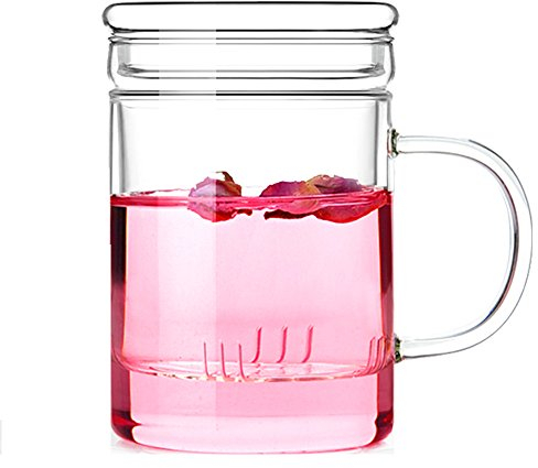 TAMUME 380ml Glas Teebecher mit Glasfilter und Flachem Deckel