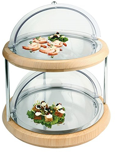 Kühltablett/Buffet-Vitrine DOPPELDECKER, 12-teilig: 2 Rahmen aus Buchenholz,2 Edelstahl-Tabletts,2 Kühlakkus,2 Kunststoffschalen,3 Stangen, Haube mit verchromtem oder vergoldeten Griff