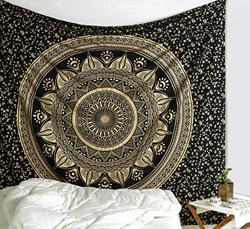 Popular Handicrafts Wandbehang für Schlafzimmer, Hippie, Ombré-Mandala, Bohemian, Hippie, aufwendige indische Wandteppiche, Tagesdecke, 215 x 230 cm, Golden & Schwarz