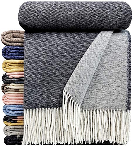 STTS International Couverture en cachemire - 100 % laine mérinos - Cachemire - Mix - 140 x 200 cm - Plaid très doux - Plaid Faro (gris foncé/gris (double face))