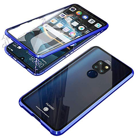 Hkess Custodia per Huawei Mate 20 Cover Magnetica Adsorbimento Cover 360 Gradi Protezione Bumper in Metallo Ultra Sottile Flip Cassa Schermo Intero Prima e Dopo Trasparente Vetro Temperato Case,Blu