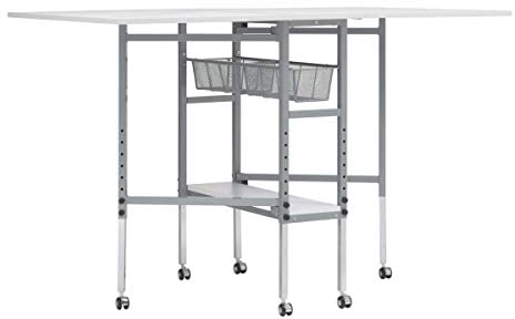 Tavolo da taglio per quilting/taglio tessuti online, piano a griglia con gambe e ruote color argento - Altezza regolabile, tavolo pieghevole per lavori manuali con due ribalte, mobile - 13386