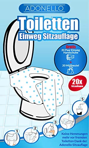 Adonello Toilette Sitz Auflage 20er Set, Einweg Toiletten Sitzbezug, 20 Handschuhe,Müllbeutel, Extra grosser XL WC-Sitz Hygienisch, Selbstklebend, Unterwegs, Einzeln Verpackt