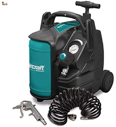 BricoLoco Portable Air Compressor, Small and Lightweight, 10 Bar Pressure, 1.5 HP, 5 Litre Reservoir, 180 Litres/Min, with Wheels and Extendable Handle, with Gun and Hose.