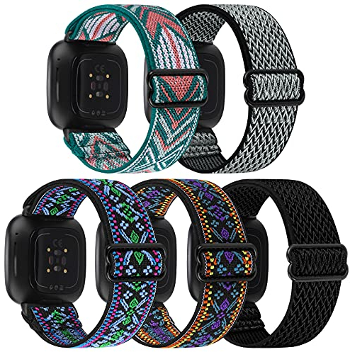 GrTrees Armbands Kompatibel mit Fitbit Versa 3 Armband/Fitbit Sense Armband, Nylon Geflochtenes Elastisches Verstellbares Sport Ersatzband Armbänder für Damen Herren, 5 Stück