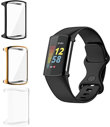 Giaogor Schutzhülle Kompatibel mit Fitbit Charge 5, Flexibles TPU Vollschutz mit Displayschutzfolie Kratzfest Displayschutz Schutz Hülle Für Fitbit Charge 5 Tracker (Schwarz+transparent+Roségold)