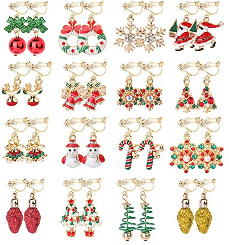 Finrezio 16 Paar Weihnachten Sortierte Ohrclips Für Damen Kinder Xmas Tree Bell Santa Elk Schneeflocke Tropfen Ohrringe Set