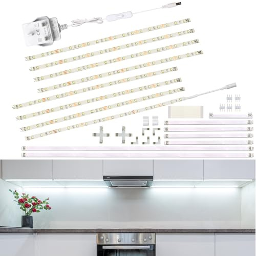 WOBANE Under Cabinet Lights, 8x30cm Flexible LED Strip, Cool White, 1200lm | Multiple Connectors, Plug-In & Self-Adhesive, Inline Switch, 120 LEDs, 12V Adapter, For Kitchen Cupboard, Desk, TV Backlight