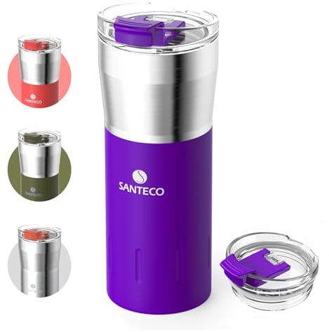 SANTECO Travel Coffee Mug 17oz, Insulated Coffee Cups with Flip Lid, Stainless Steel Coffee Mugs Spill Proof, Double Wall Vacuum Tumbler, Reusable to Go Mug for Hot/Ice Coffee Tea, Purple