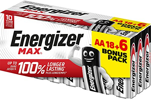 Energizer - Max, confezione da 18+6 batterie AA 1,5 V, più potenza e lunga durata per uso quotidiano, senza solfatazioni e mantiene carica 10 anni
