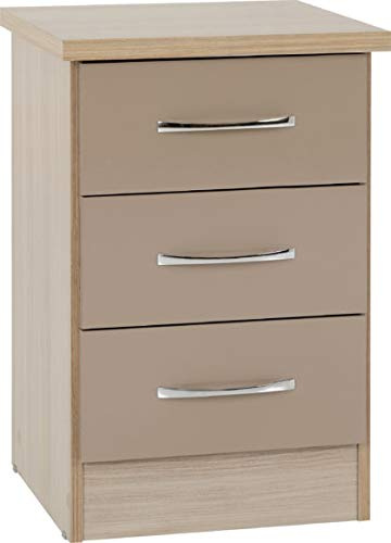Nevada 3 Drawer Bedside Cabinet Chest Side Table Storage Unit (Oyster Gloss/Light Oak Effect Veneer)