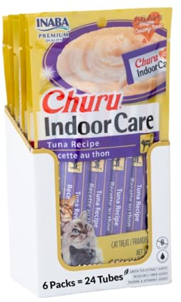 INABA Churu Indoor Care for Hairball Control, Functional Lickable Cat Treat with Taurine & Green Tea Extract, 0.5oz Each, 24 Tubes Total, Tuna Recipe