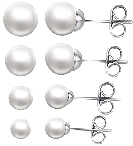 Vissen 4 Paires 4/5/6/8mm Blanc Clou D'oreille Perle Femme Acier Innoxydable Lot boucles oreilles Puces Filles Piercing Bijoux
