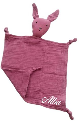 doudou lapin en double gaze de coton lange personnalisé avec prénom du bébé enfant cadeau naissance (ROSE)