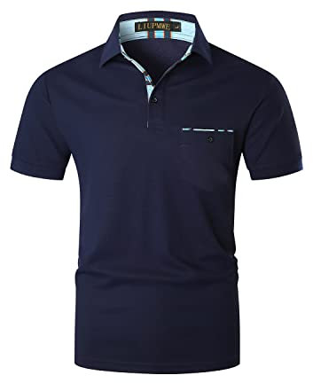 LIUPMWE Men's Short Sleeve Polo Shirt Casual Golf Tennis Shirts with Plaid Collar,Blue,XL