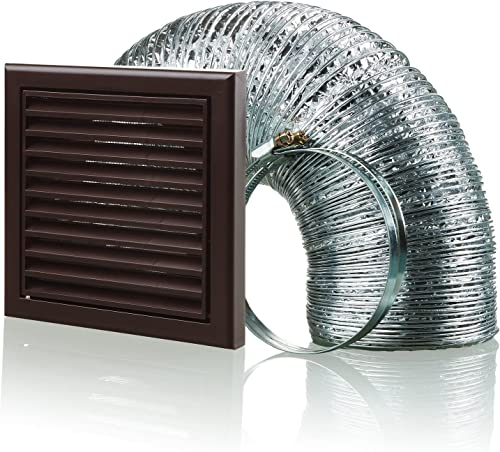 Cooker Hood Duct Vent Kit Fan Extract 100mm Brown : 4 inch Louvered Grille with Insect Fly Mesh, 2 Jubilee Clips, 3 Meters Semi-Rigid Metal Aluminium Ducting