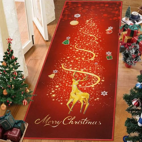 SHACOS Weihnachtsteppich Läufer Rot 60x180 cm Weihnachten Teppich Läufer Flur rutschfest Weihnachten Küchenteppich Waschbar, Teppich Läufer für Flur, Schlafzimmer, Wohnzimmer, Eingang, Deko