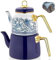 Théière turque vintage pour cuisinière, infuseur décoratif pour fête, tasses, verres, passoire Samovar, feuilles mobiles, décoration en émail (blanc et bleu)