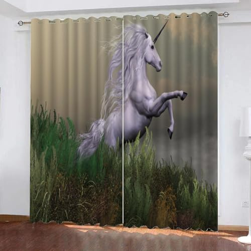 GIOVIA 3D Einhorn Vorhänge Abdunkelnde Pferd Einhorn Kindervorhänge Vorhang mit ösen 2er Set Gardinen Blickdicht Verdunkelungs für Kinderzimmer Schlafzimmer Wohnzimmer B 110 X H 95 cm
