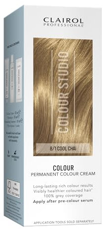 Clairol Colour Studio Permanent Colour Cream | Hair Dye | Long-lasting Rich Tones | 100% Grey Coverage | Dermatologically Tested Vegan Formula | Hair Colouring Kit | Cool Chai 8/1 I 50ML