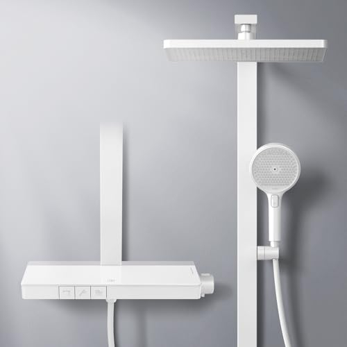 EMKE Colonne de douche, avec thermostatique de 40 cm, barre de douche, douchette à 4 intensités, système de douche, douche à effet pluie avec robinet, blanc mat