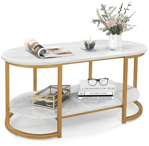 COSTWAY Couchtisch Marmor Optik, 2-stöckiger Wohnzimmertisch mit offener Ablage, Kaffeetisch mit goldfarbenem Metallrahmen für Wohnzimmer, 100 x 50 x 45 cm