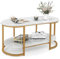 COSTWAY Couchtisch Marmor Optik, 2-stöckiger Wohnzimmertisch mit offener Ablage, Kaffeetisch mit goldfarbenem Metallrahmen für Wohnzimmer, 100 x 50 x 45 cm