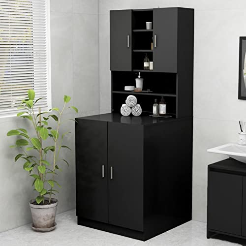 Gecheer Mobile,Armadio per Lavatrice,Moderno,in Truciolato,Nero,71x71,5x181,5 cm,Mobile per Lavatrice con Ante e Scomparti,Mobile per Lavatrice Superiore e Inferriore