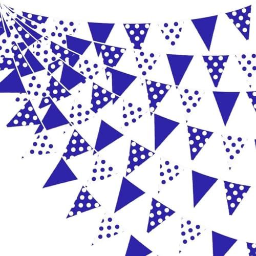 32Ft Königsblaue Partydekoration Blau-weißer Stoff Gepunktetes Dreieck Banner Flagge Wimpelkette Girlande Luftschlangen für Picknick Rennwagen Grillen Geburtstag Babyparty Outdoor-Gartendekoration