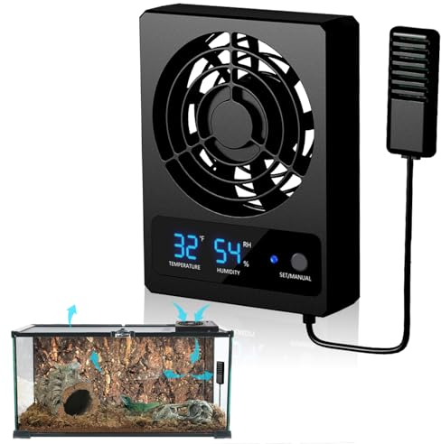 Silkwish Reptilien-Kühlventilator, Reptilien-Belüftungsventilator, Intelligenter Lüfter Reptilienkäfig-Temperaturmesser und Luftfeuchtigkeitsmesser mit LED-Anzeige für Reptilien Amphibien Schlangen